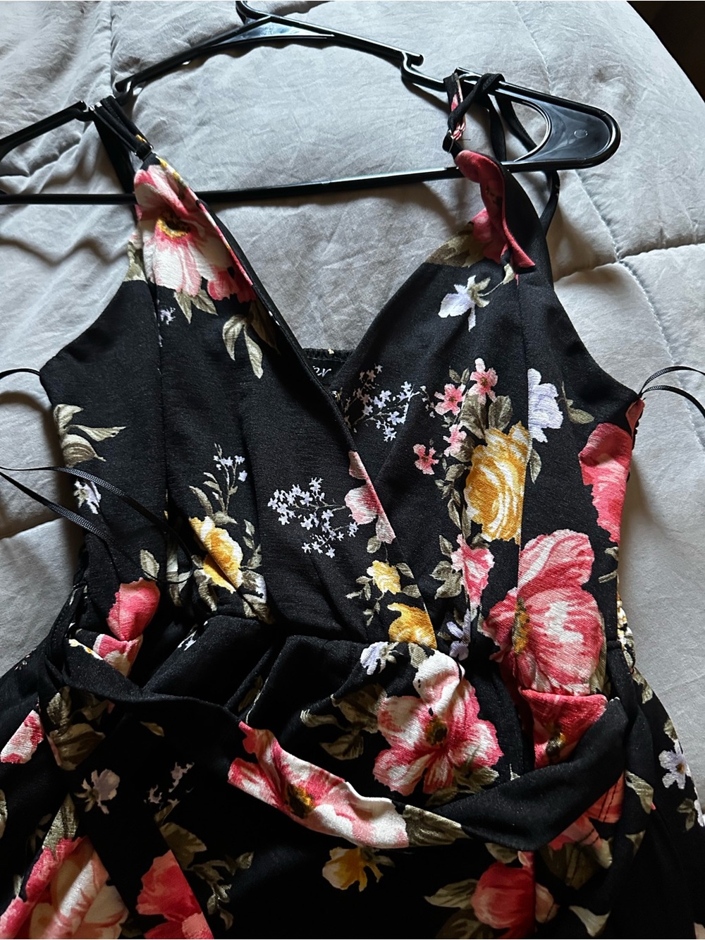 Black Floral Wrap Dress with front slit